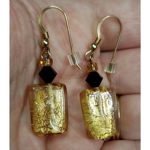 Gold Foiled Glass Black & Gold AB Glass Bead Necklace W/ 14KGF Matching Earrings - Picture 5 of 12